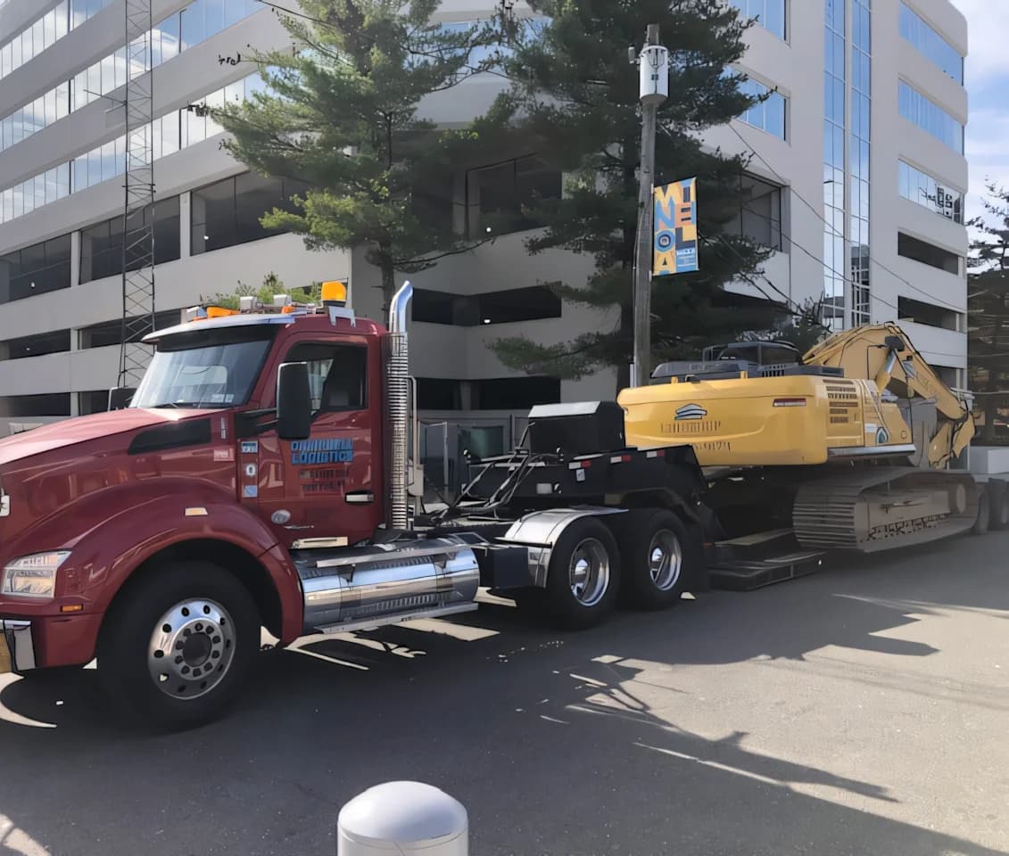 Campbell Logistics red tractor staging next to a yellow excavator outside an office complex
