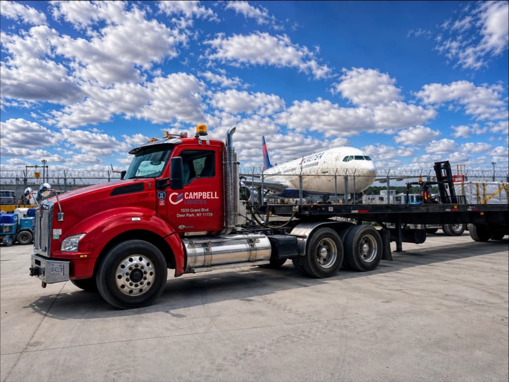Campbell Logistics red Kenworth tractor with a shrink-wrapped aircraft fuselage on flatbed