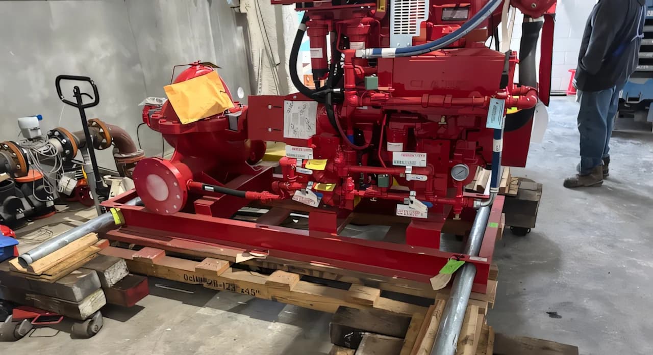 Red diesel-driven industrial pump assembly staged on a pallet in a Campbell Logistics service bay